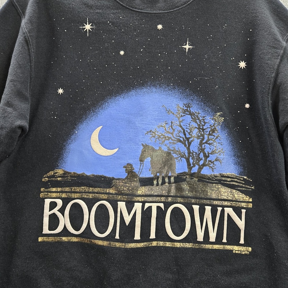 VINTAGE Boomtown Women Sweatshirt M Black Graphic Print Moon Night Cowboy 90s